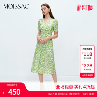 摩萨克夏季 优雅碎花印花长连衣裙女 花瑶皱法式