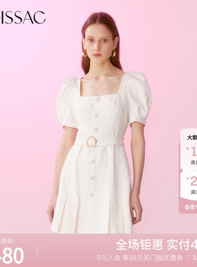 MOISSAC/摩萨克 夏季米色老花满印提花收腰显瘦连衣裙