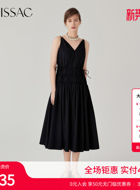 商场同款  摩萨克夏纯棉100抽绳长款V领长款无袖连衣裙女