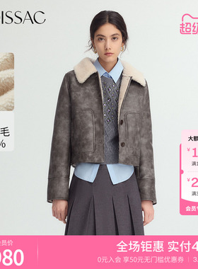 商场同款 摩萨克冬新款绒毛绵羊毛单排扣翻领拼接夹克外套女