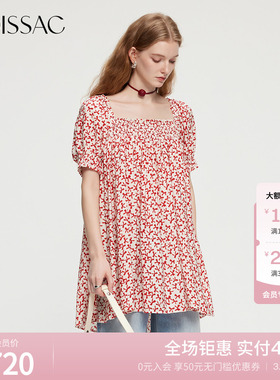 MOISSAC摩萨克夏款方领少女感蝴蝶结碎花泡泡袖高腰短款娃娃裙女