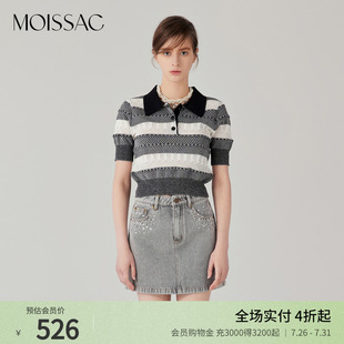 摩萨克秋棉polo学院风黑白条纹短袖 商场同款 针织上衣女