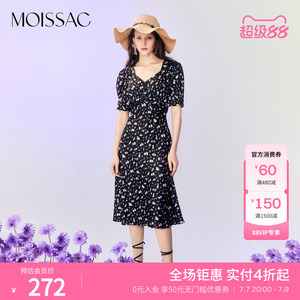 摩萨克夏季法式V领泡泡袖收腰高腰黑色碎花印花长连衣裙女