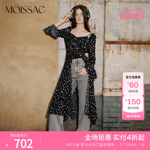 MOISSAC摩萨克秋粘纤蚕丝波点印花收腰长款连衣裙女