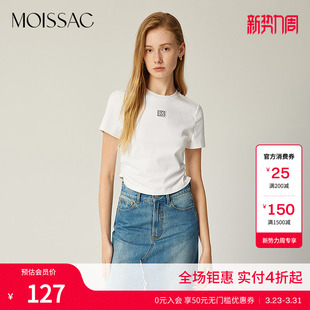 T恤上衣女 短袖 商场同款 摩萨克春棉100淡人系圆领抽褶修身