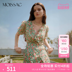 商场同款 摩萨克夏法式夹竹桃碎花围裹式泡泡袖连衣裙女