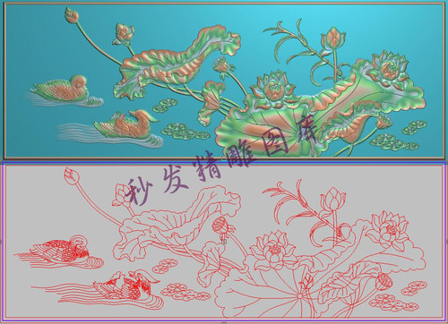 新款荷花鸳鸯大床靠背精雕图灰度图浮雕花鸟背板莲花浮萍988x353