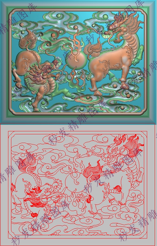 精雕图jdp祥云双麒麟戏火球镂空背板通花门板200x159仿古雕刻图