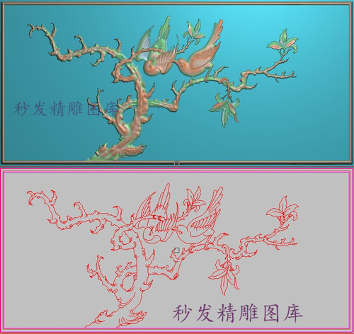 新款精雕图jdp浮雕图檀雕花鸟沙发双椅靠背横枯枝双鹊嬉戏593x275