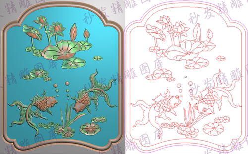 精雕图jdp电视柜门板荷花莲花金鱼餐椅休闲椅靠背板182x223浮雕图