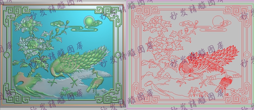 新款精雕图jdp灰度图博古线框牡丹花太阳孔雀背板门板418x347富贵