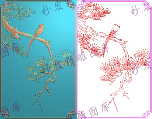新款精雕图jdp檀雕花鸟松树松针书柜博古架门板办公台前板544x856