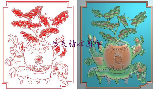 新款精雕图灰度图浮雕图精品仿古牡丹花鸟松花瓶背板门板275x331