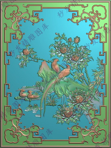 牡丹鸳鸯图精雕图jdp花开富贵花鸟沙发大床靠背板书柜博古架门板