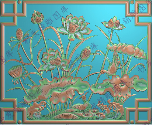 荷花精雕图jdp莲花花鸟仿古雕刻图沙发大床靠背板博古框挂匾挂屏