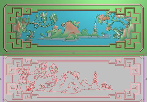 精雕 图山水宝座扶手下花灰度图浮雕图玉兰山水塔侧板横板447x156