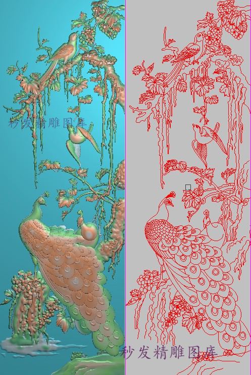 新款精雕图jdp灰度图浮雕图檀雕花鸟孔雀葡萄鸟衣柜大门板298x891