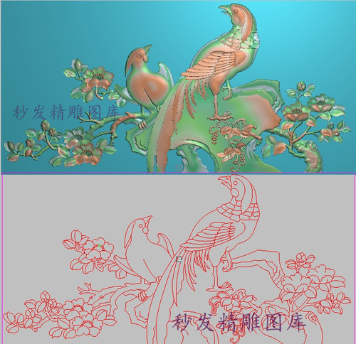 新款精雕图灰度图浮雕图檀雕花鸟背板海棠花凤凰椅背板横490x238