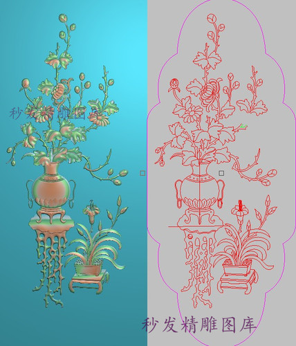 新款精雕图jdp浮雕图菊花花瓶兰花花盆259x609沙发靠背柜子门板