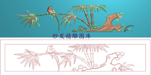 精雕图竹子花鸟扶手下花侧板灰度图浮雕精品竹子凤凰小围板301x58