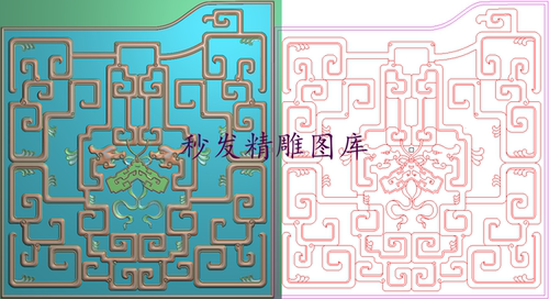 精雕图博古线条拐子龙灰度浮雕洋花草龙如意床头靠背边板434x472