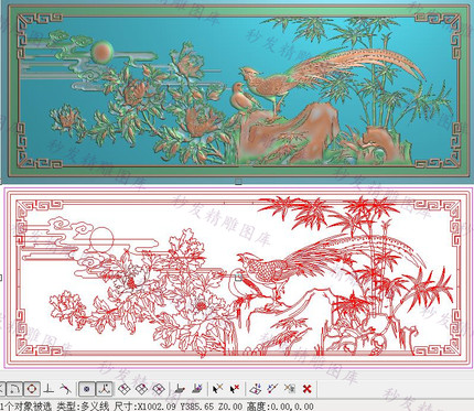 精雕图灰度图浮雕图檀雕花鸟祥云竹子牡丹花凤凰大背板横1002x385