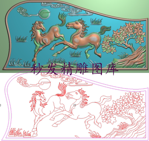 宝马精雕图灰度图骏马浮雕祥云太阳马沙发床扶手下花侧板381x182