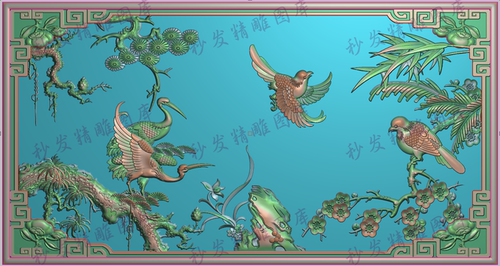新款精雕图浮雕图松树仙鹤梅花竹子鸟背板挂屏匾1016x540深20没线
