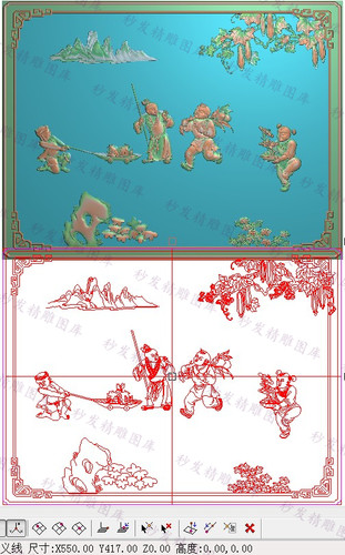 精雕图童子拉石榴灰度图浮雕精品山水人物童子椅背板丝瓜550x417