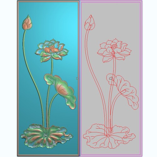 荷花沙发边板精雕图灰度图浮雕图莲花餐椅背板门板边柱竖167x416