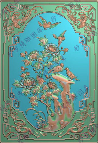 书柜门板牡丹鸟精雕图jdp花开富贵沙发大床靠背书柜博古架门板bmp