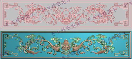 茶几办公茶台书柜电视柜精雕图祥云蝙蝠吊铜钱围板横条420x88雕刻