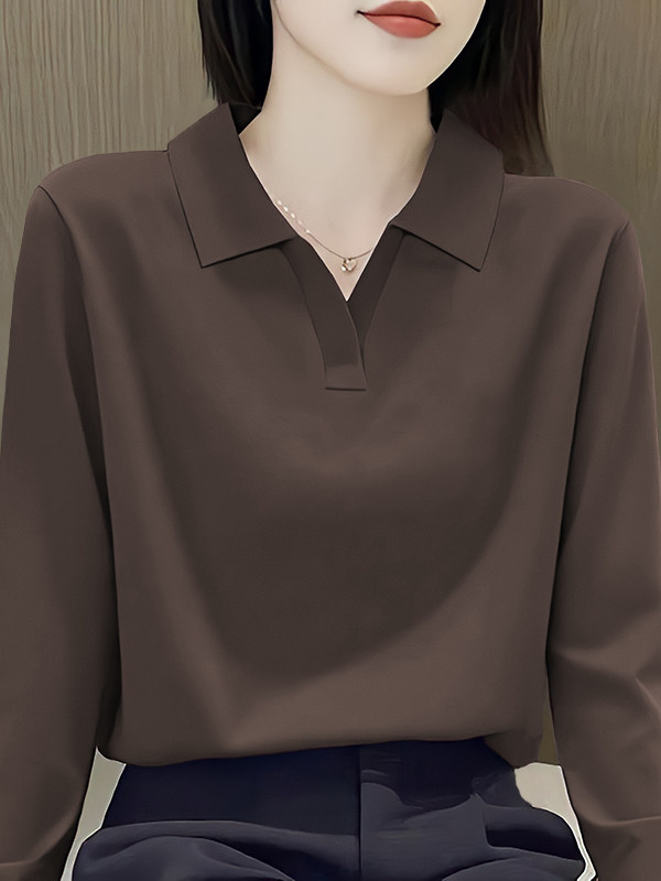 中年妈妈纯棉文艺翻领长袖t恤女士春秋季薄款宽松大码显瘦polo衫