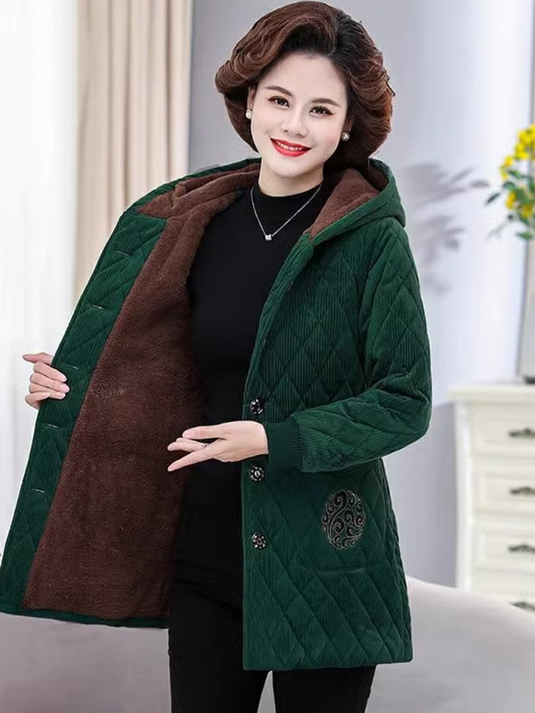 中年妈妈连帽棉衣女外套秋冬季加绒加厚2025新款宽松大码保暖棉袄