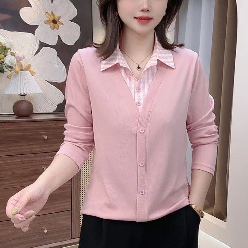 中年妈妈时尚假两件衬衫女士春季宽松大尺码百搭显瘦格子领长袖T
