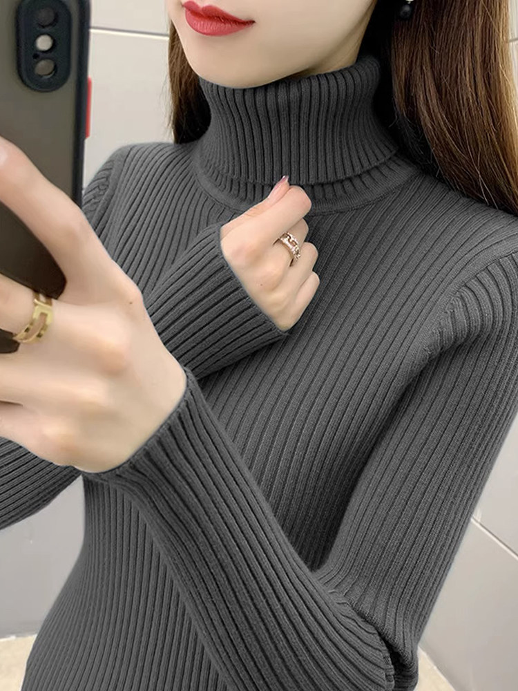 灰色高领长袖针织衫女毛衣秋冬季加厚2025新款法式独特别致打底衫
