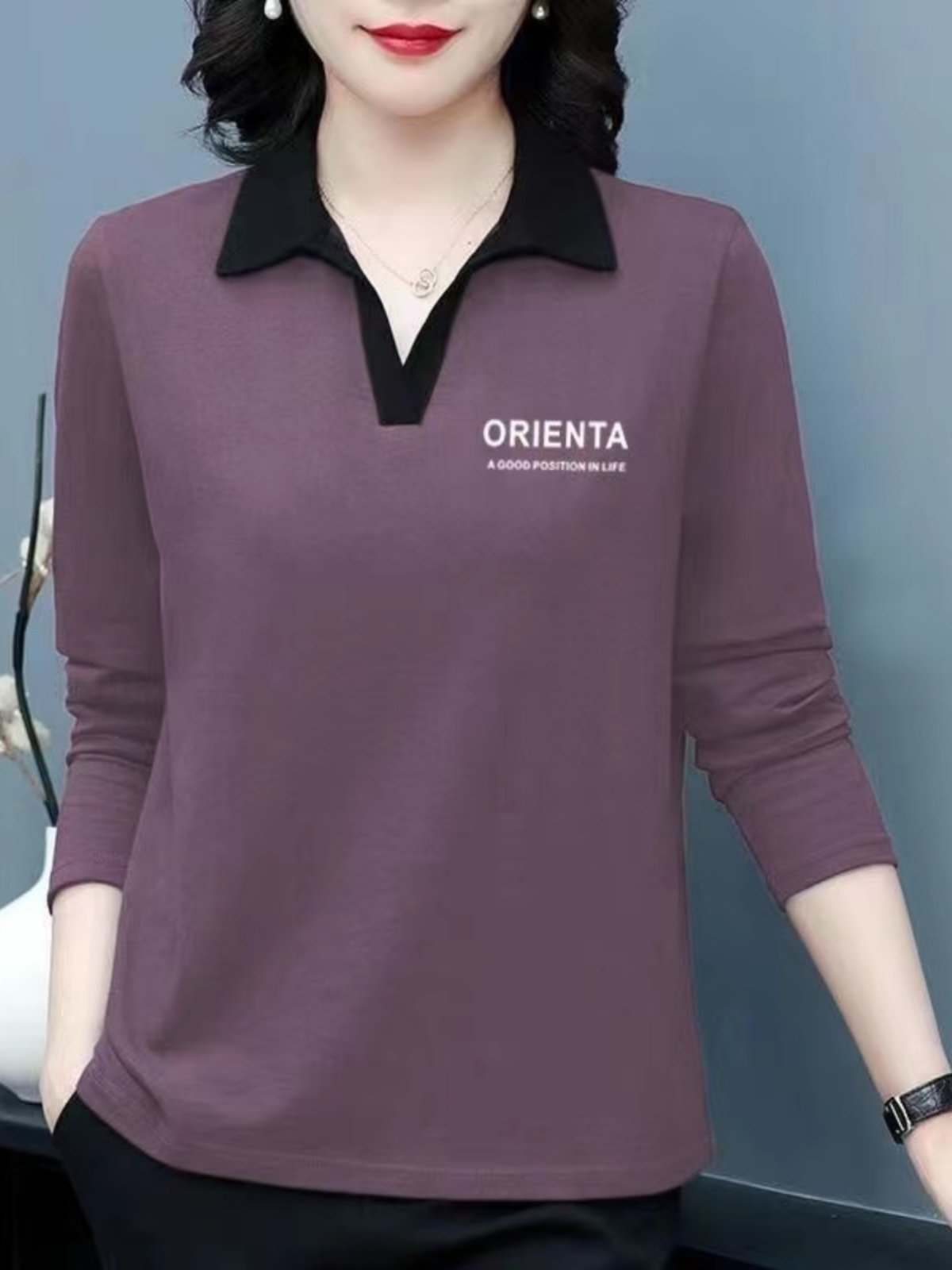 中老年妈妈纯棉翻领长袖t恤女士春装2025新款宽松大码洋气polo衫
