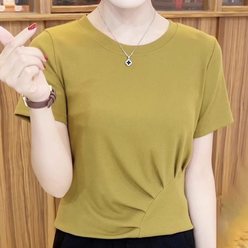中年妈妈高腰圆领短袖T恤女夏季2026新款韩版宽松小个子短款T恤