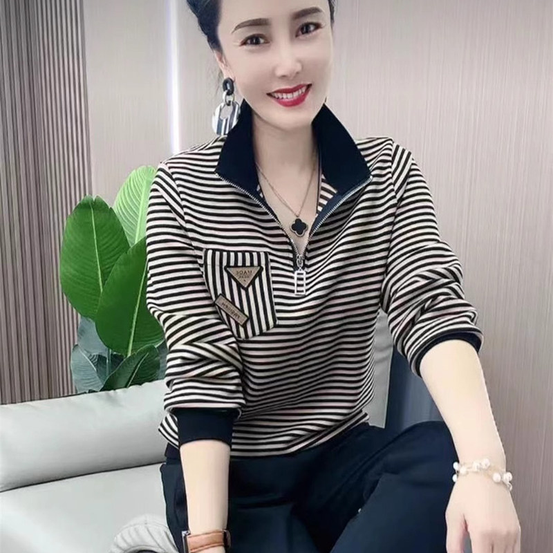 中年妈妈条文POLO衫女士秋季薄款2026新款宽松大码长袖T恤打底衫