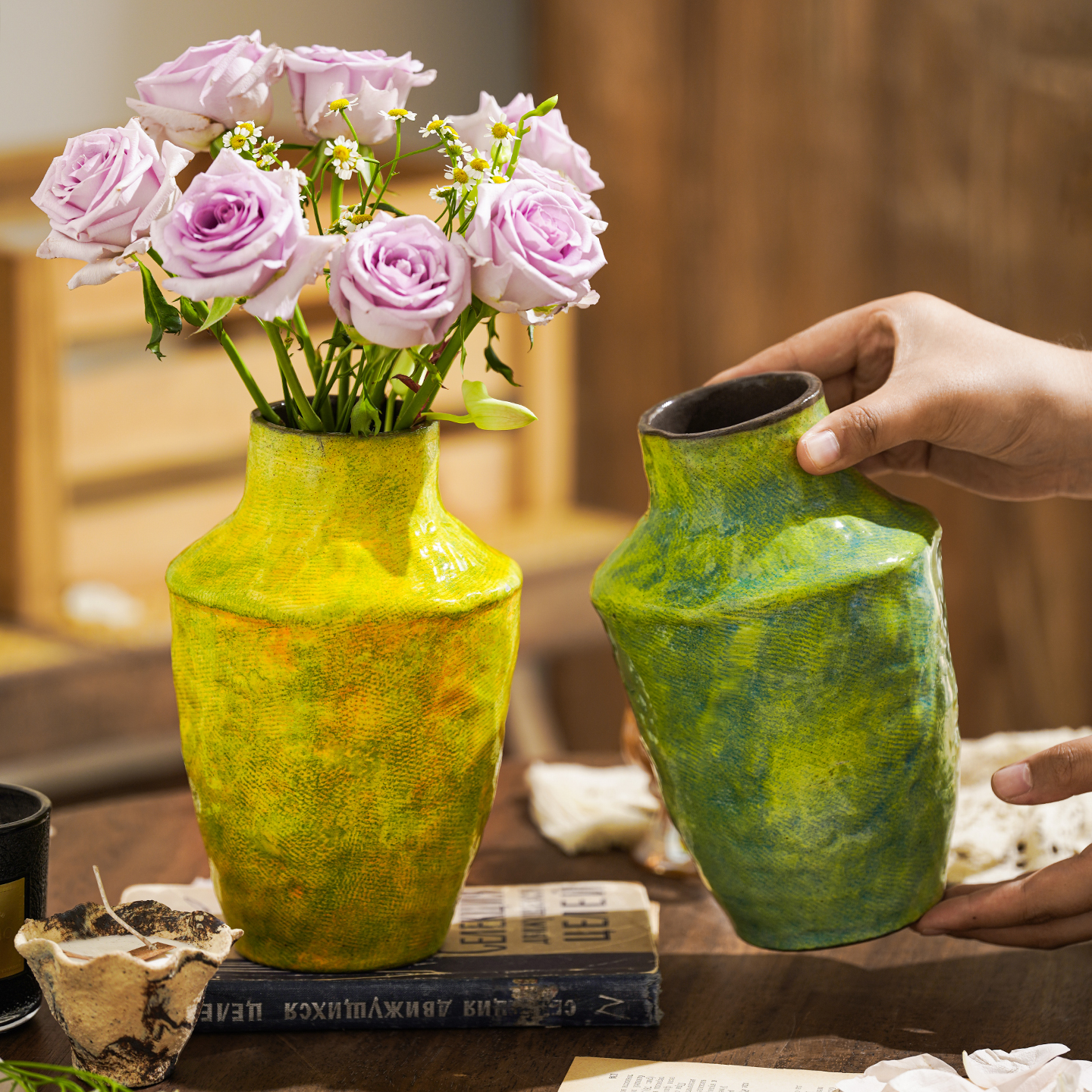 复古油画风陶瓷花瓶客厅插花摆件