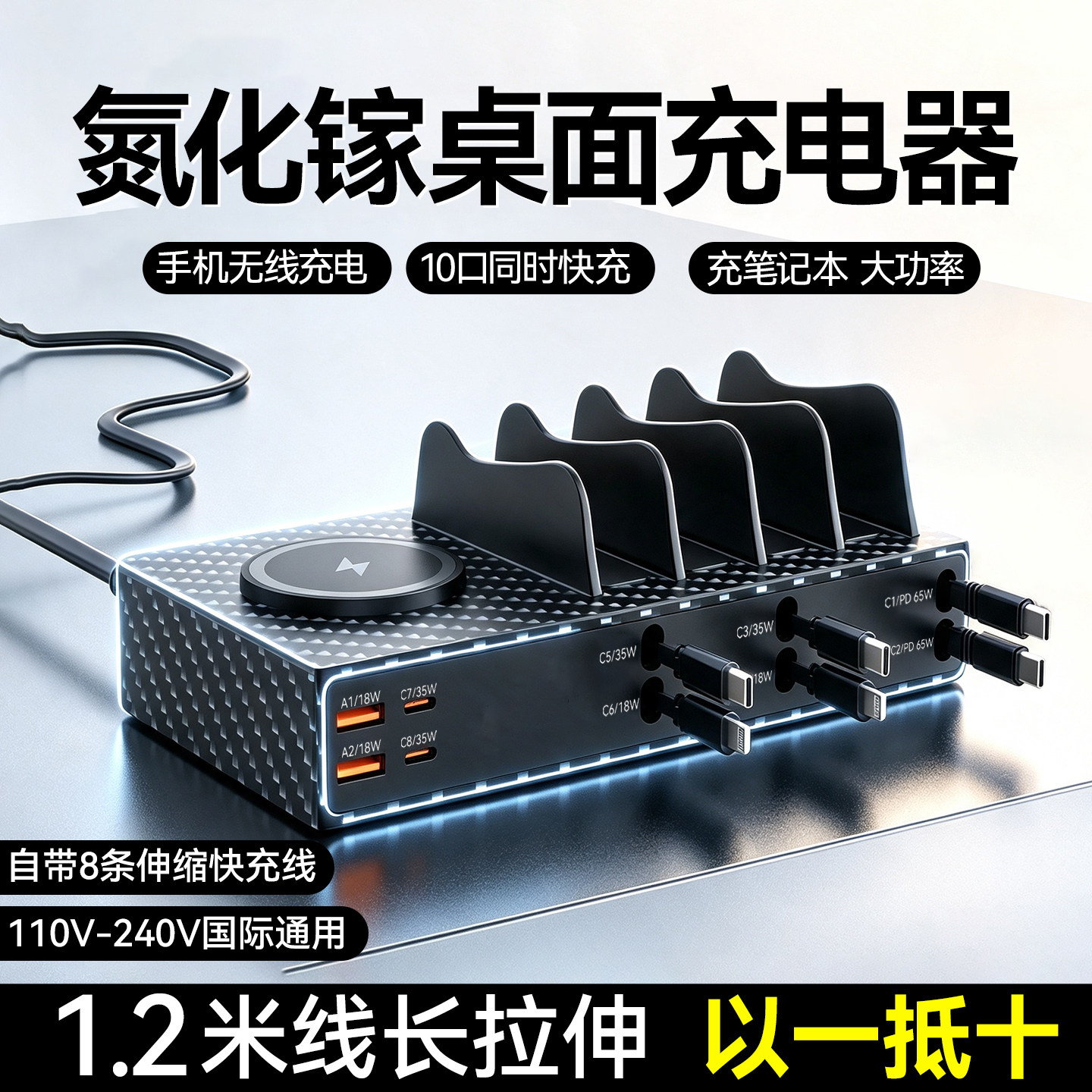 Sy氮化镓桌面充电站65W适用苹果华为小米手机电脑10合1多功能桌面伸缩线充电器插座插排超级快充多口笔记本图片