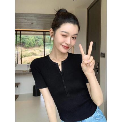 pusumede 黑色天丝针织短袖t恤女夏新款薄款修身显瘦正肩半袖上衣