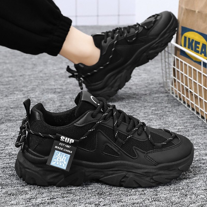 夏季男鞋新款透气网面鞋子男款潮流百搭厚底黑色运动鞋休闲老爹鞋,流行男鞋,单鞋,淘宝优惠券,粉丝福利购,淘宝优惠卷