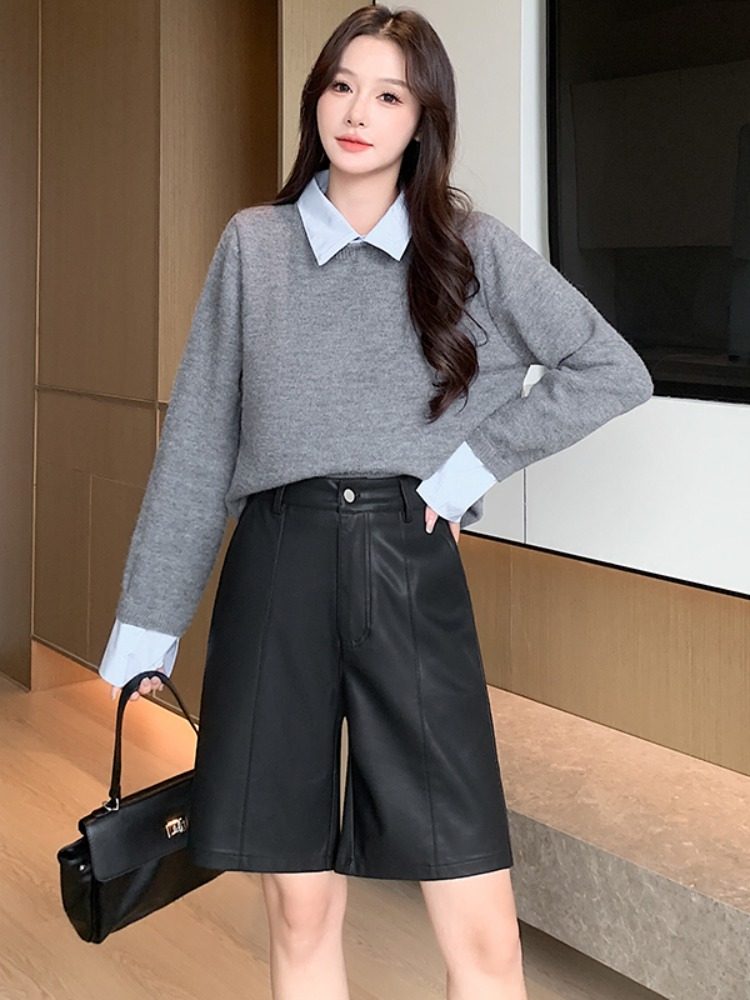 Plus size Maillard Curry Puleather shorts Women's Outwear Fall and winter Plus Size Ladies high waist Slim Looking Loose Wide Leg Half Length Boots