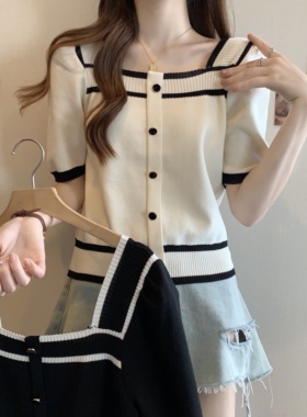 大码女装夏季新款遮肚显瘦藏肉胖mm小众感方领针织衫短袖上0517r