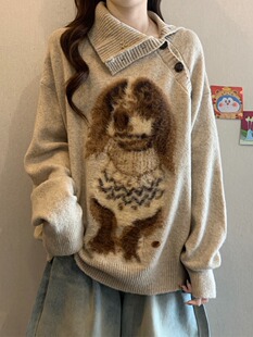 高级感斜领小狗提花毛衣外套女秋冬新款大码胖mm慵懒风针织衫上衣