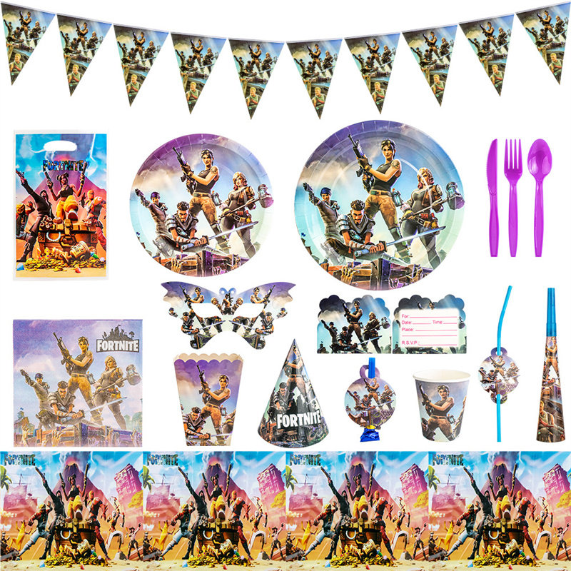堡垒之夜游戏主题生日派对装饰餐具一次性纸盘纸杯帽桌布横幅气球