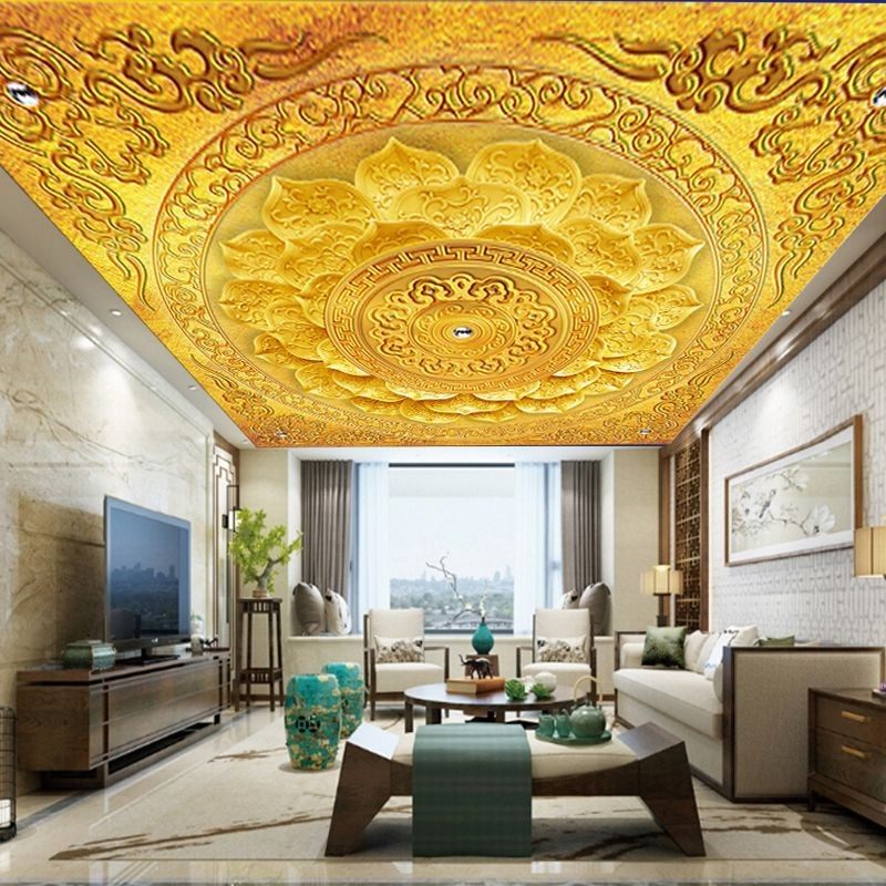 金色莲花吊顶壁纸祥云中式佛系花纹壁画酒楼佛堂寺庙天花板墙纸