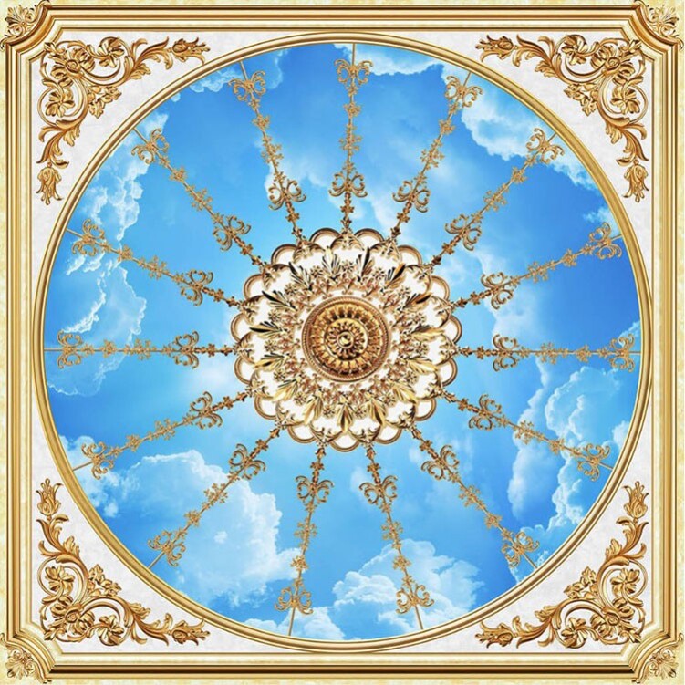 欧式简约客厅卧室圆形天花板吊顶墙纸壁纸蓝天白云8d立体大型壁画