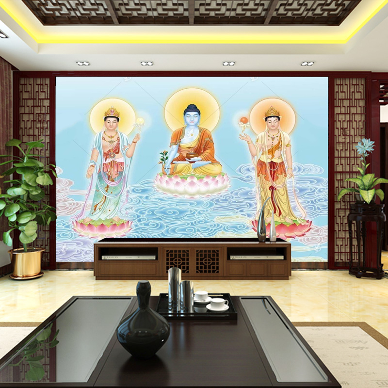 东方三圣壁纸佛堂背景墙布壁画佛像琉璃药师佛日光月光菩萨墙纸3D